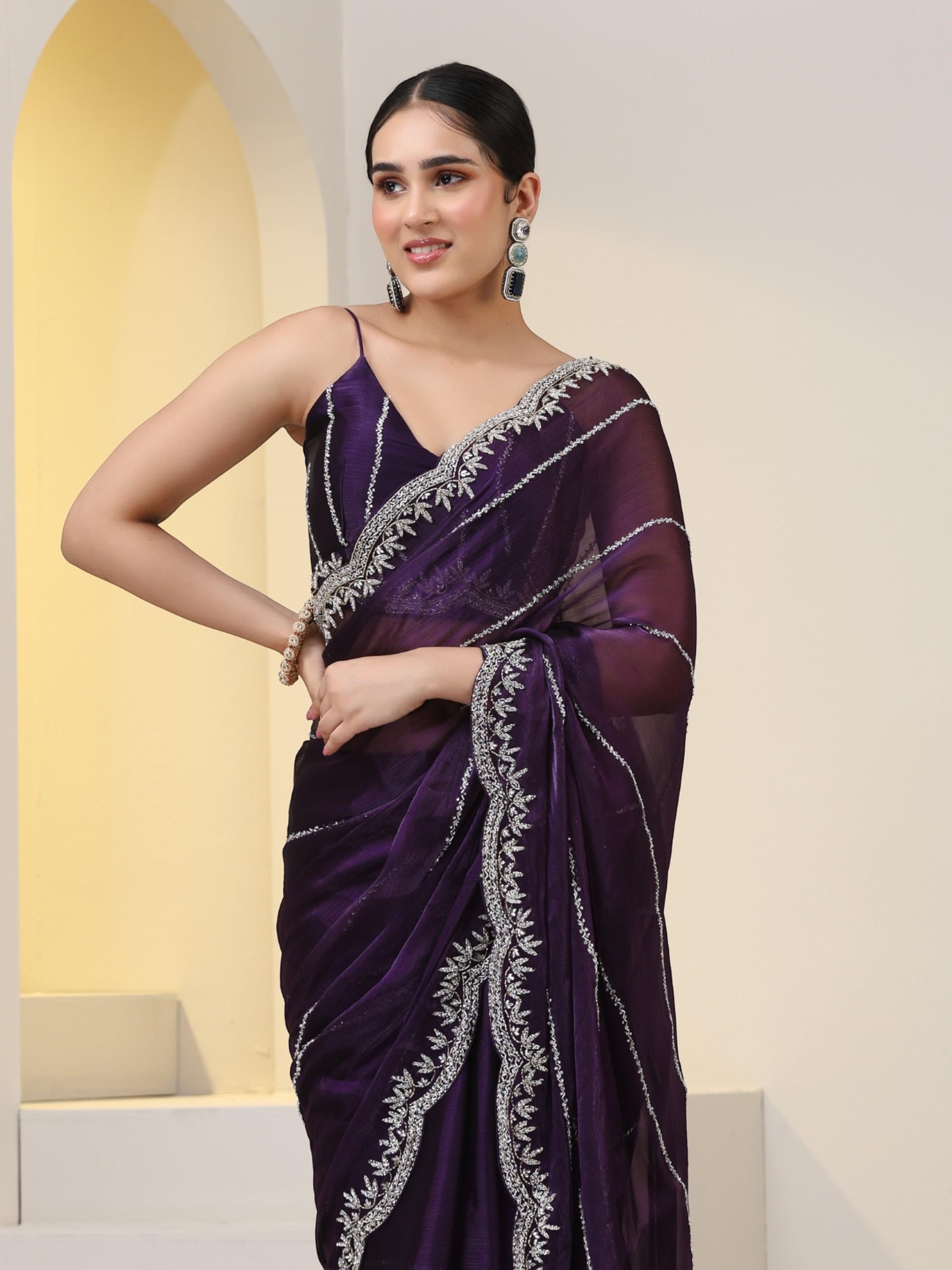 Prized Possession Purple Organza Chiffon Saree with Cut Dana Embroidery with Embroidered Blouse Fabric