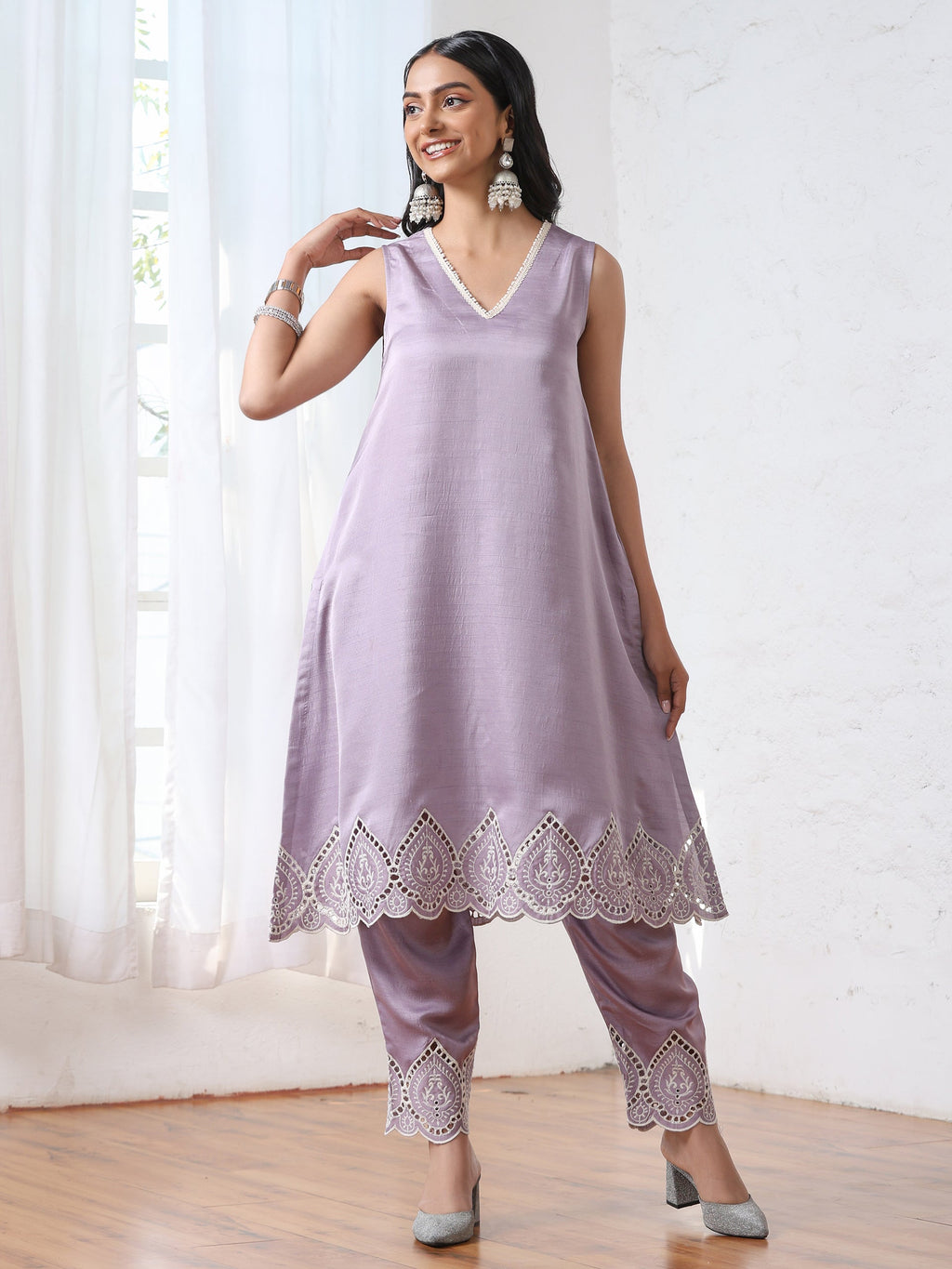 Women’s Lilac Schffli Suit Set with Pant | 2 Pc Set, A-Line, Swiss Embroidery on hem and pant, Sleeveless, Work Wear, Casual (PRF'T Lux Duchess Satin Fabric)