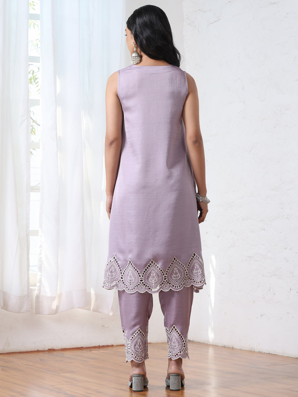 Women’s Lilac Schffli Suit Set with Pant | 2 Pc Set, A-Line, Swiss Embroidery on hem and pant, Sleeveless, Work Wear, Casual (PRF'T Lux Duchess Satin Fabric)