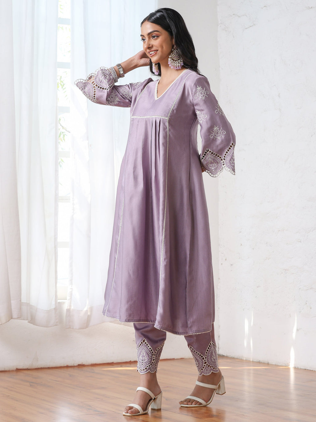 Women’s Lilac Suit Set with Pant | 2 Pc Set, A-Line, Swiss Embroidery on Sleeves, Work Wear, Casual (PRF'T Lux Duchess Satin Fabric)
