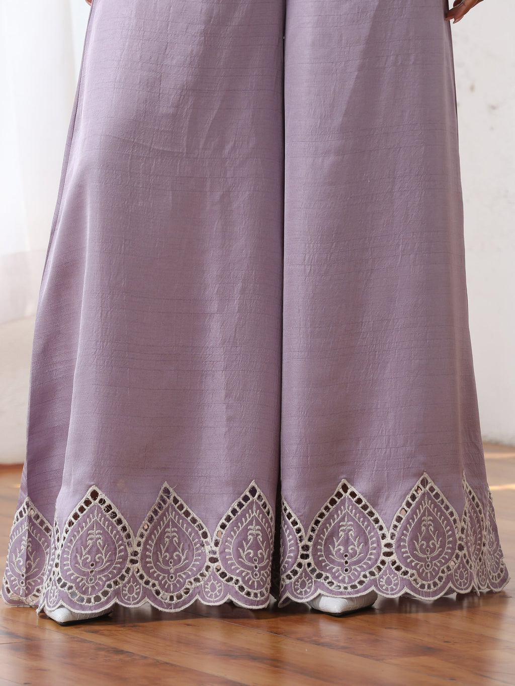 Women’s Luxe Lilac Schffli Palazzo | 1 Pc, PRF'T Lux Duchess Satin Fabric, Schiffli Embroidery, Festive Party Wear