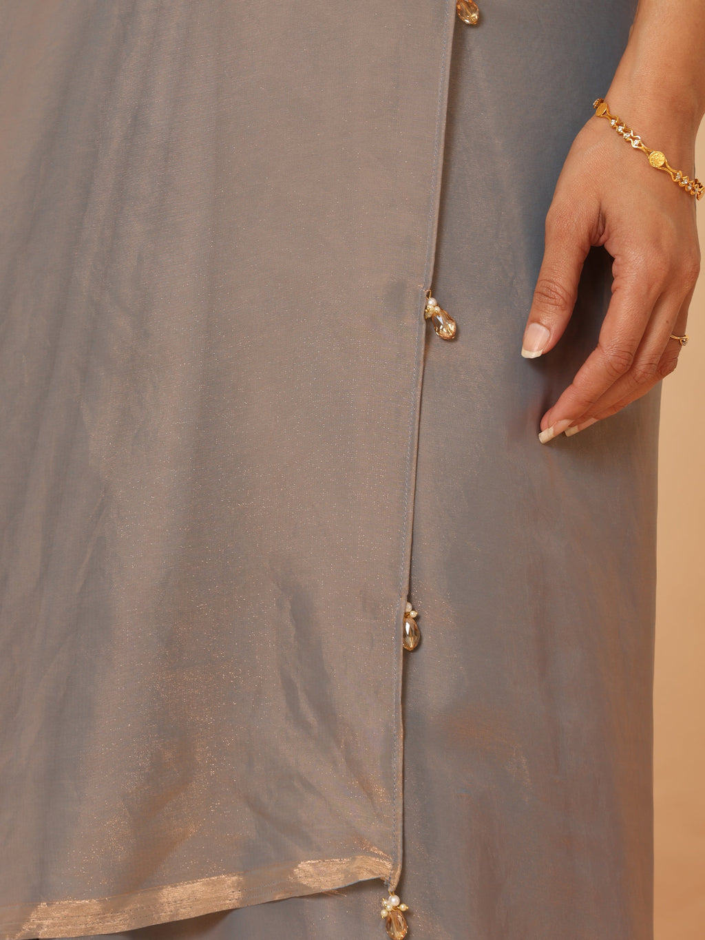 Copper Grey Metallic Satin Saree with Beads with Blouse Fabric
