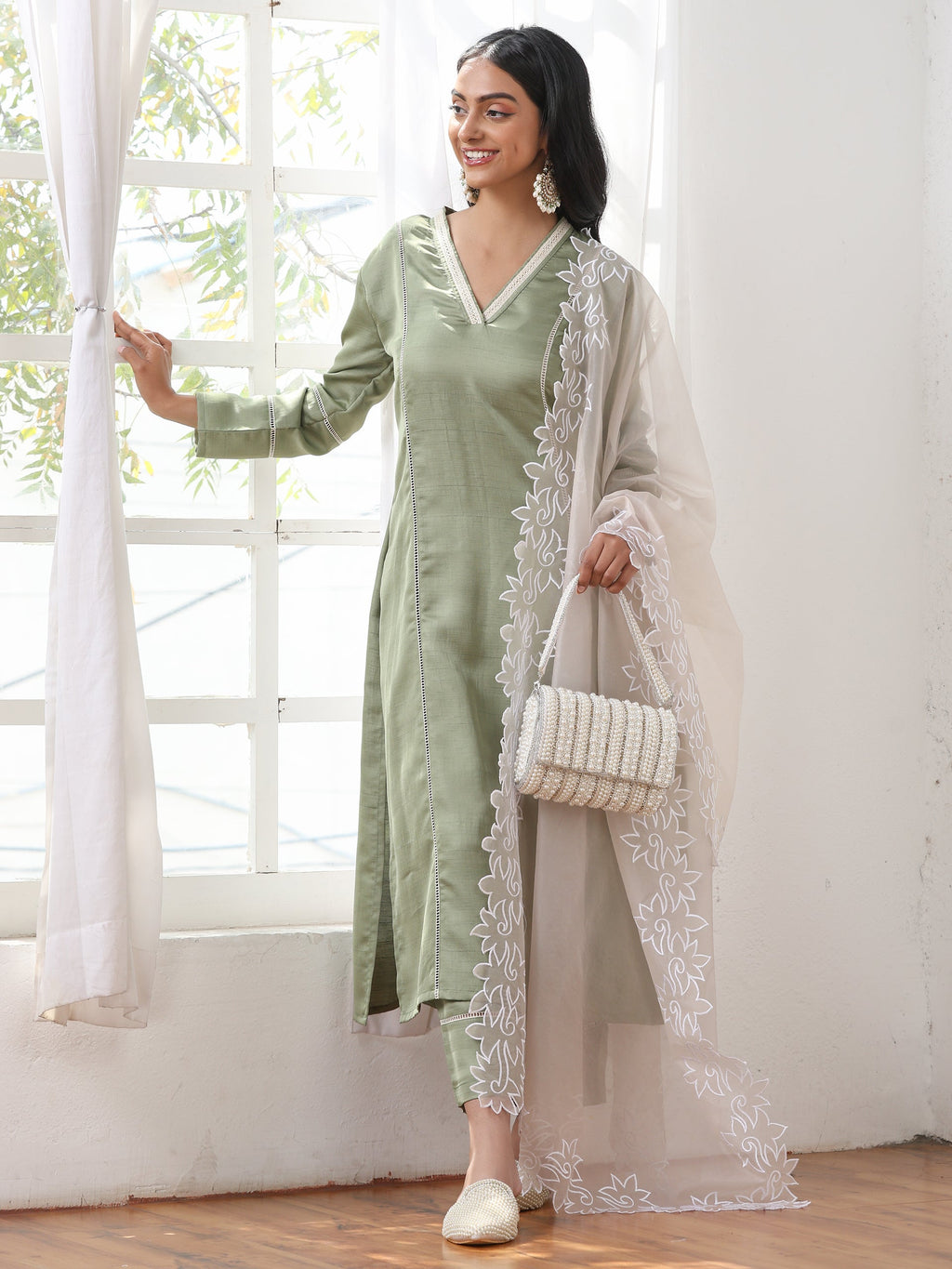 Women’s Cream  Cut Work Edge Organza Dupatta | 1 Pc, Cut Work Embroidery, Festive Party Wear