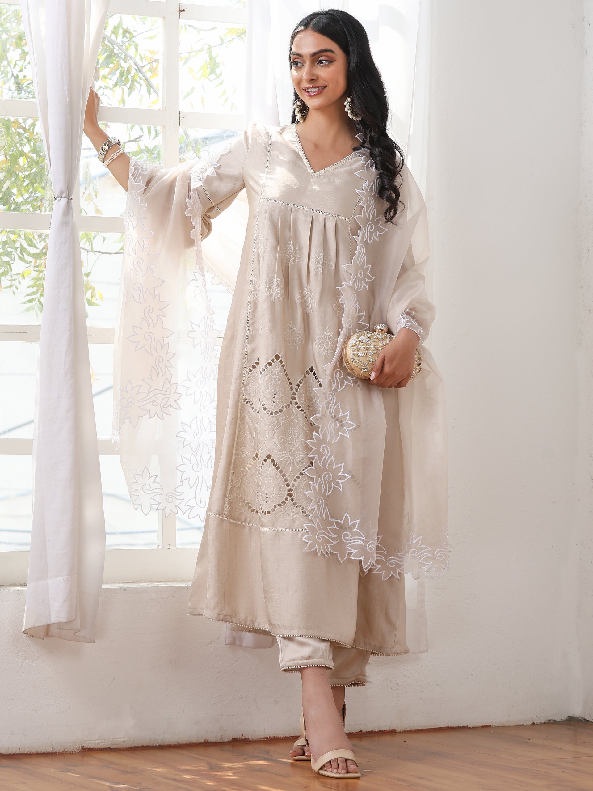 Women’s Cream  Cut Work Edge Organza Dupatta | 1 Pc, Cut Work Embroidery, Festive Party Wear