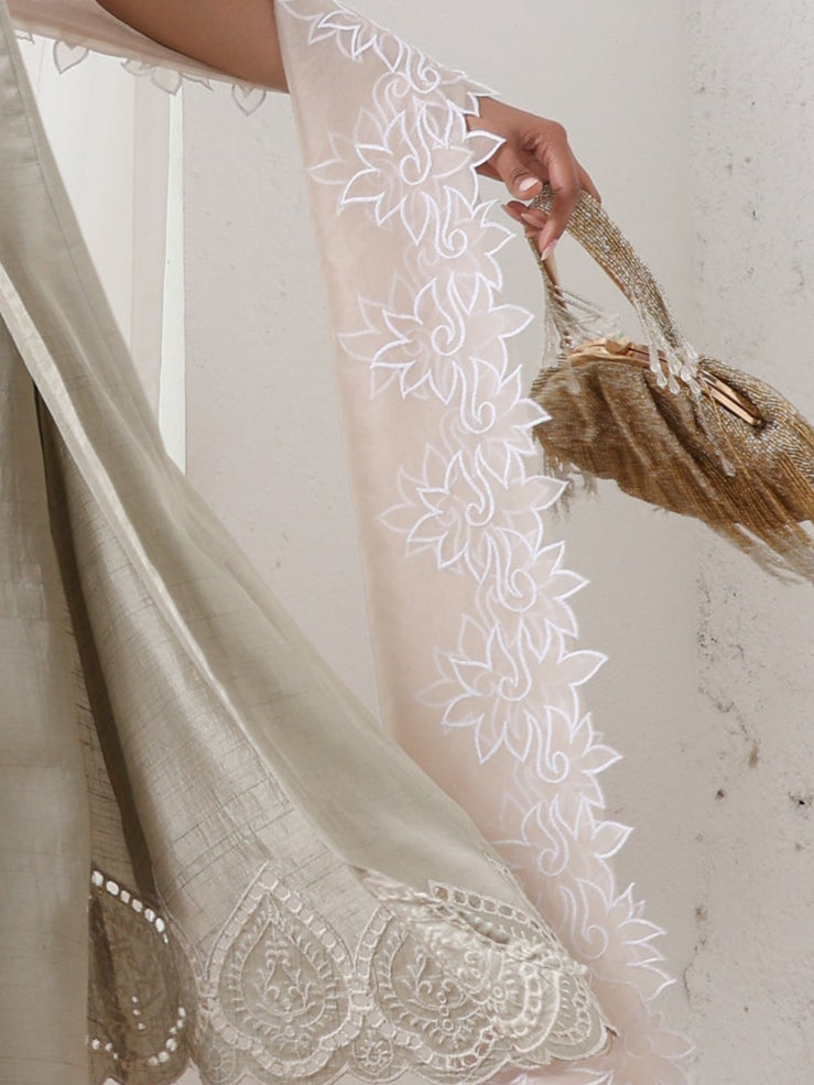Women’s Cream  Cut Work Edge Organza Dupatta | 1 Pc, Cut Work Embroidery, Festive Party Wear