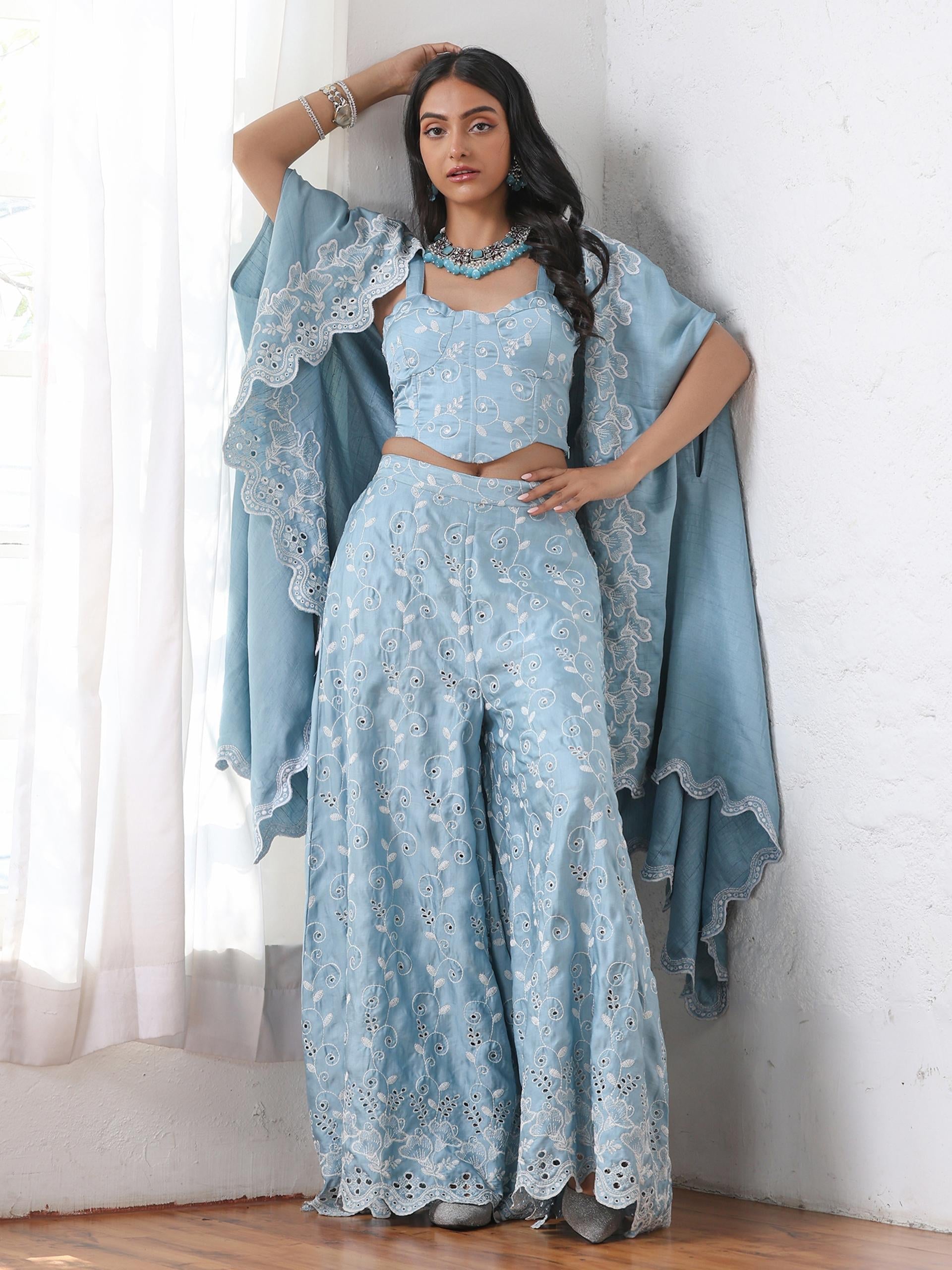 Women’s Blue Suit Set with Corset, Palazzo & Jacket | 3 Pc Set, Allover Schiffli Embroidery, Sleeveless, Festive Party Wear (PRF'T Lux Duchess Satin Fabric)
