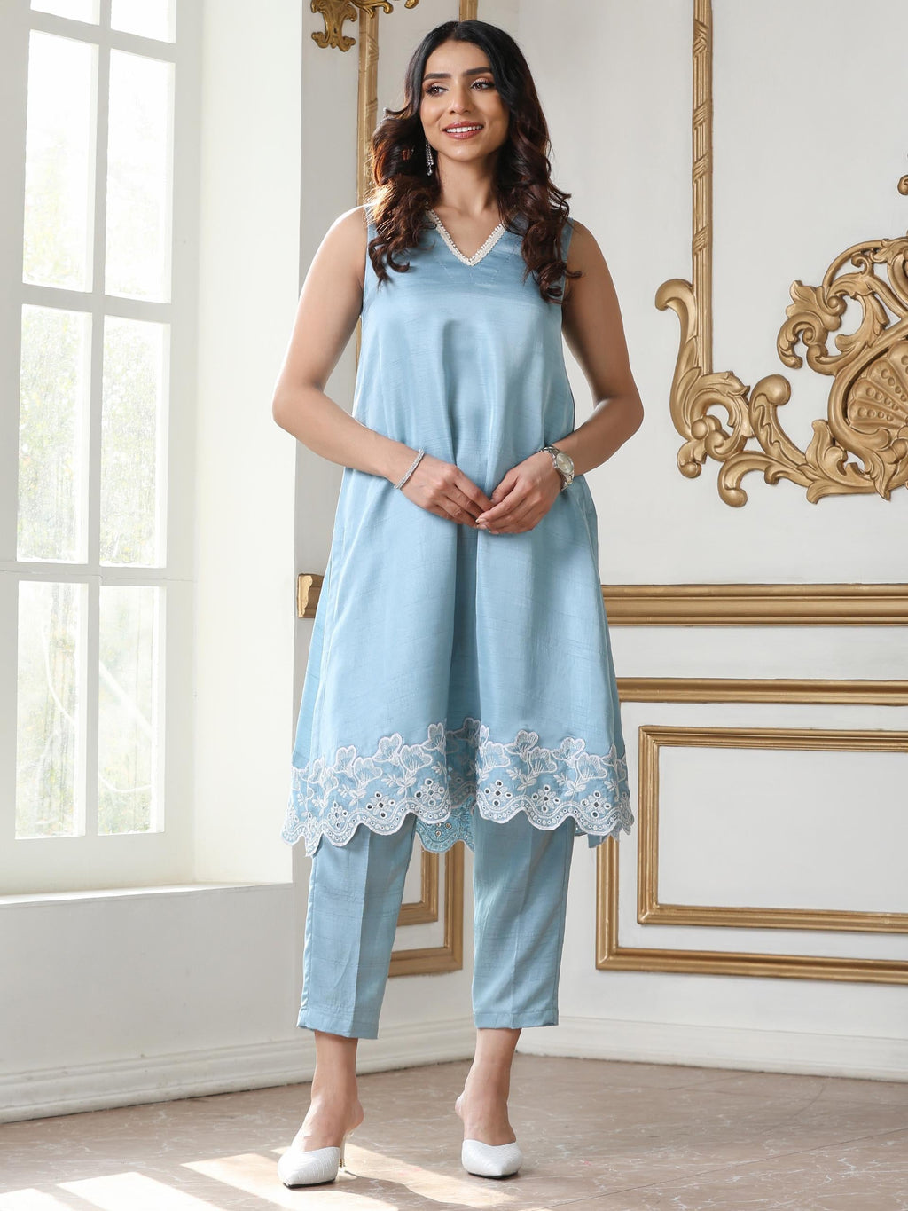 Women’s Blue Suit Set with Pant | 2 Pc Set, A-Line, Schiffli Embroidery on Hem, Sleeveless, Work Wear, Casual Wear (PRF'T Lux Duchess Satin Fabric)