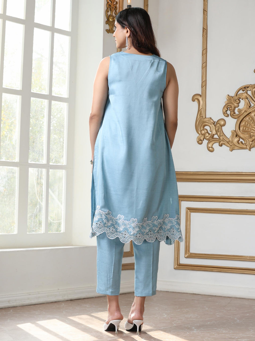 Women’s Blue Suit Set with Pant | 2 Pc Set, A-Line, Schiffli Embroidery on Hem, Sleeveless, Work Wear, Casual Wear (PRF'T Lux Duchess Satin Fabric)
