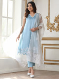 Women’s Blue Suit Set with Pant | 2 Pc Set, A-Line, Schiffli Embroidery on Hem, Sleeveless, Work Wear, Casual Wear (PRF'T Lux Duchess Satin Fabric)