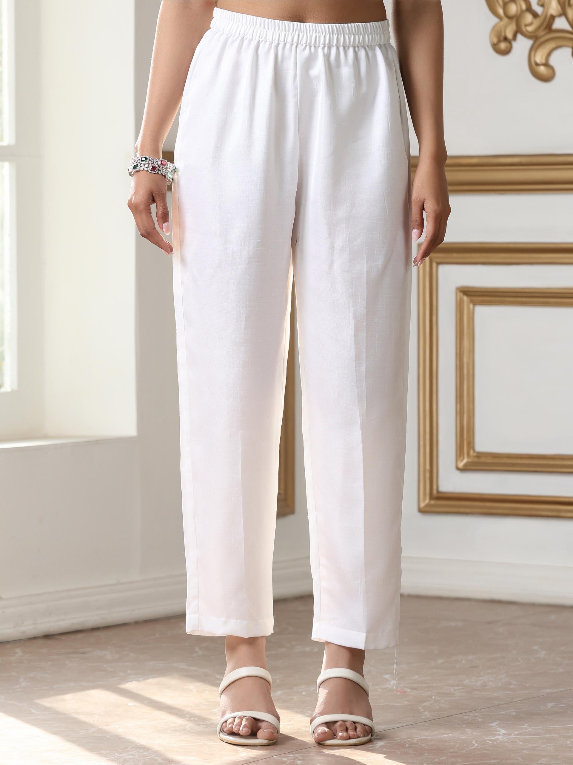 Women’s White Suit Set with Pant | 2 Pc Set, Collar Neck, Paneled Design, Hand Stitching on Yoke, 3/4th Sleeve, Work Wear, Casual Wear (PRF'T Lux Duchess Satin Fabric)