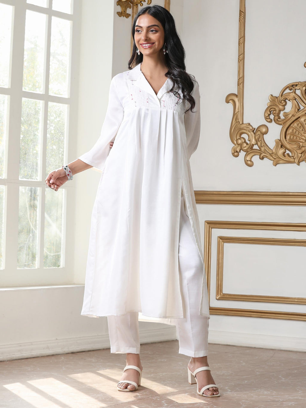 Women’s White Suit Set with Pant | 2 Pc Set, Collar Neck, Paneled Design, Hand Stitching on Yoke, 3/4th Sleeve, Work Wear, Casual Wear (PRF'T Lux Duchess Satin Fabric)