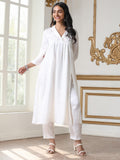 Women’s White Suit Set with Pant | 2 Pc Set, Collar Neck, Paneled Design, Hand Stitching on Yoke, 3/4th Sleeve, Work Wear, Casual Wear (PRF'T Lux Duchess Satin Fabric)