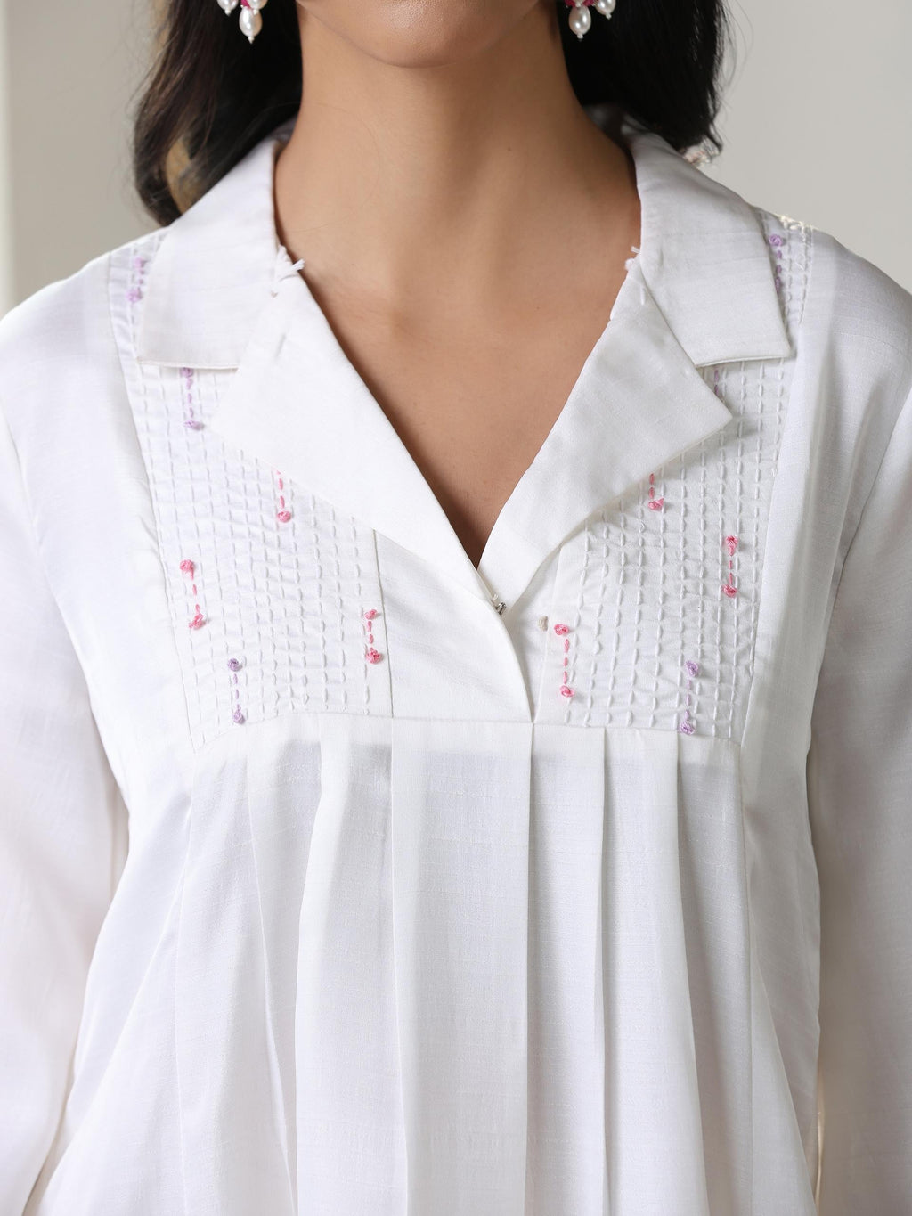 Women’s White Suit Set with Pant | 2 Pc Set, Collar Neck, Paneled Design, Hand Stitching on Yoke, 3/4th Sleeve, Work Wear, Casual Wear (PRF'T Lux Duchess Satin Fabric)