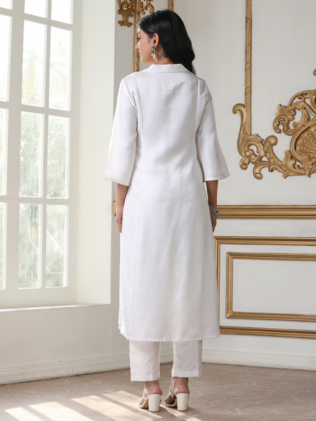 Women’s White Suit Set with Pant | 2 Pc Set, Collar Neck, Paneled Design, Hand Stitching on Yoke, 3/4th Sleeve, Work Wear, Casual Wear (PRF'T Lux Duchess Satin Fabric)