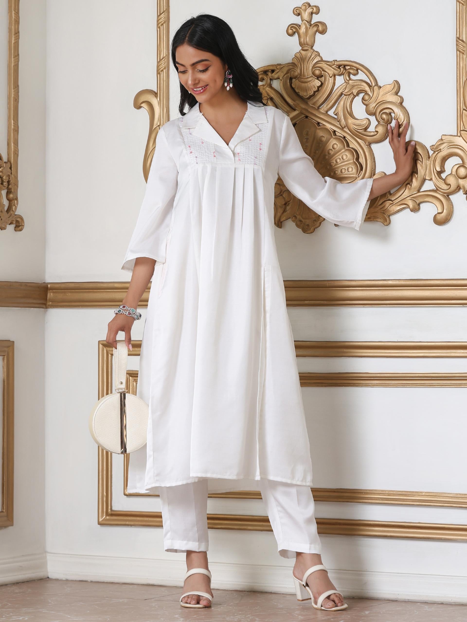 Women’s White Suit Set with Pant | 2 Pc Set, Collar Neck, Paneled Design, Hand Stitching on Yoke, 3/4th Sleeve, Work Wear, Casual Wear (PRF'T Lux Duchess Satin Fabric)