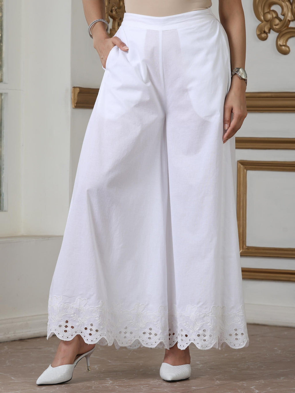 Women’s White Suit Set with Palazzo | 2 Pc Set, Paneled Design, Schiffli Embroidery on Hem,Casual Wear, Work Wear (100% Cotton Cambric Extra Soft Breathable Fabric)