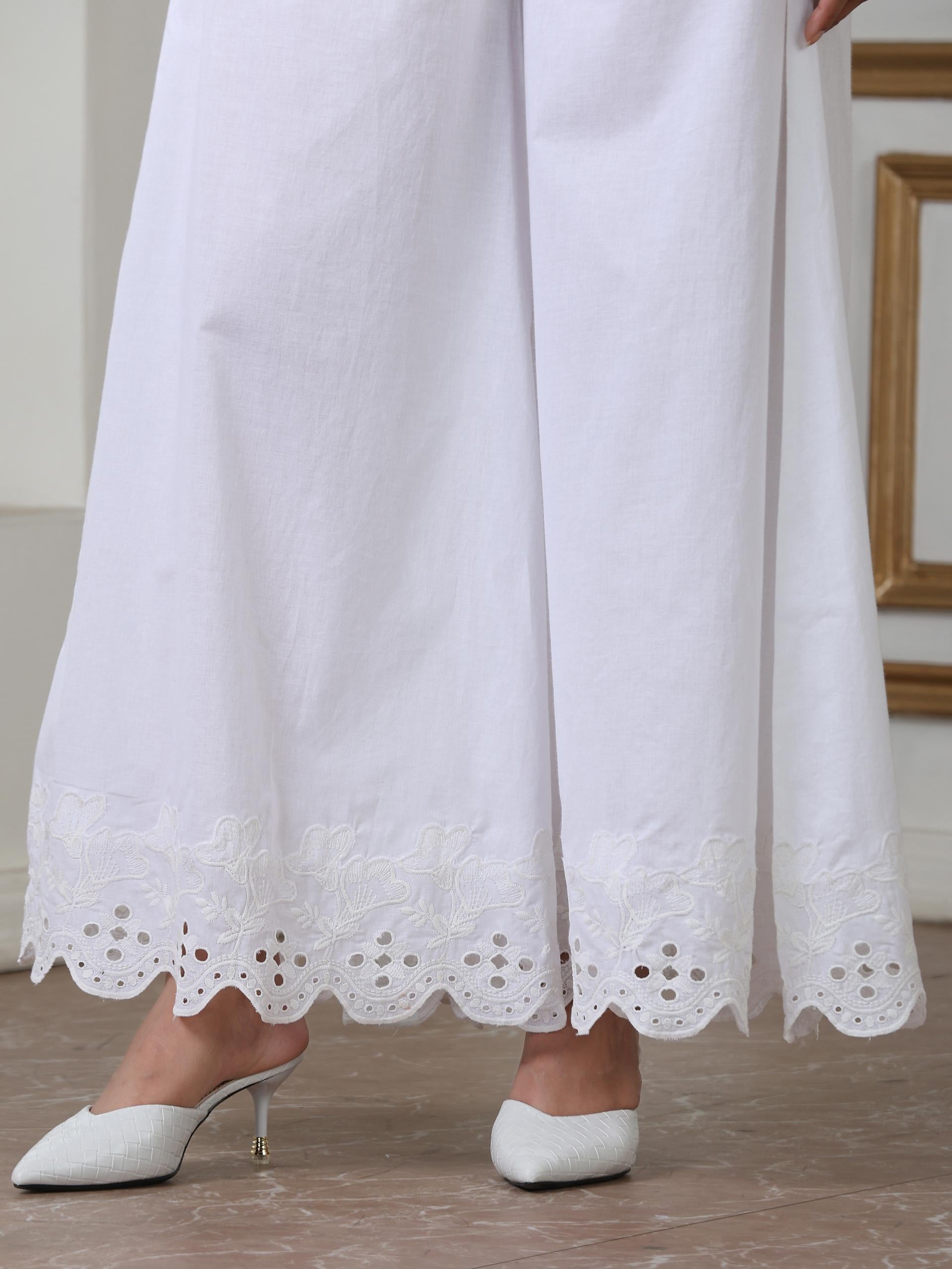 Women’s White Suit Set with Palazzo | 2 Pc Set, Paneled Design, Schiffli Embroidery on Hem,Casual Wear, Work Wear (100% Cotton Cambric Extra Soft Breathable Fabric)
