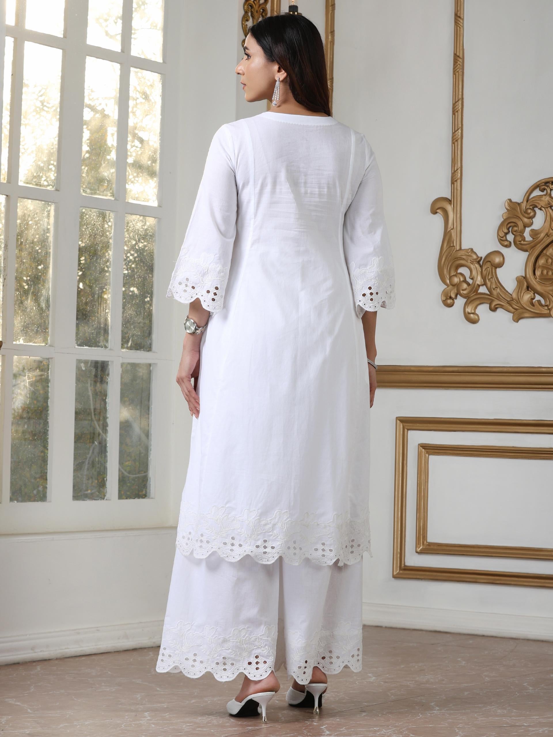 Women’s White Suit Set with Palazzo | 2 Pc Set, Paneled Design, Schiffli Embroidery on Hem,Casual Wear, Work Wear (100% Cotton Cambric Extra Soft Breathable Fabric)