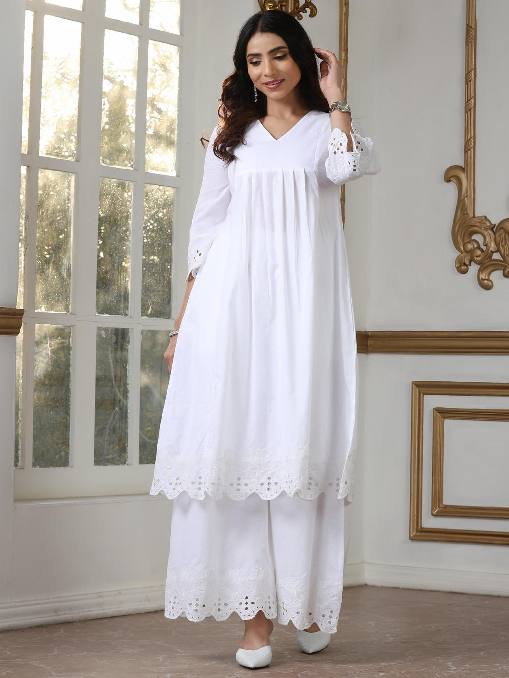 Women’s White Suit Set with Palazzo | 2 Pc Set, Paneled Design, Schiffli Embroidery on Hem,Casual Wear, Work Wear (100% Cotton Cambric Extra Soft Breathable Fabric)