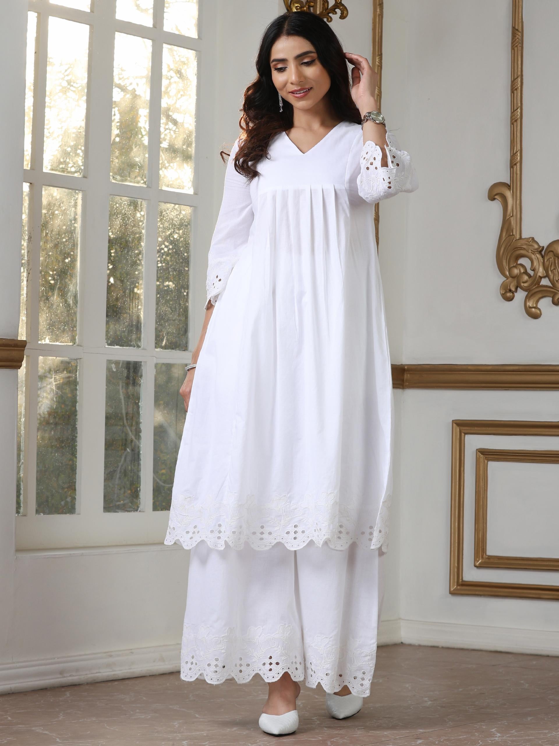 Women’s White Suit Set with Palazzo | 2 Pc Set, Paneled Design, Schiffli Embroidery on Hem,Casual Wear, Work Wear (100% Cotton Cambric Extra Soft Breathable Fabric)