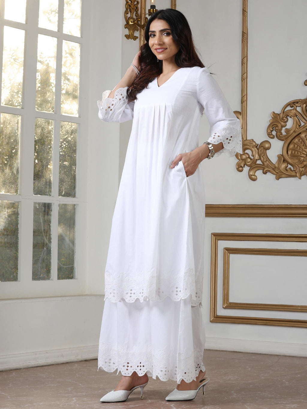 Women’s White Suit Set with Palazzo | 2 Pc Set, Paneled Design, Schiffli Embroidery on Hem,Casual Wear, Work Wear (100% Cotton Cambric Extra Soft Breathable Fabric)