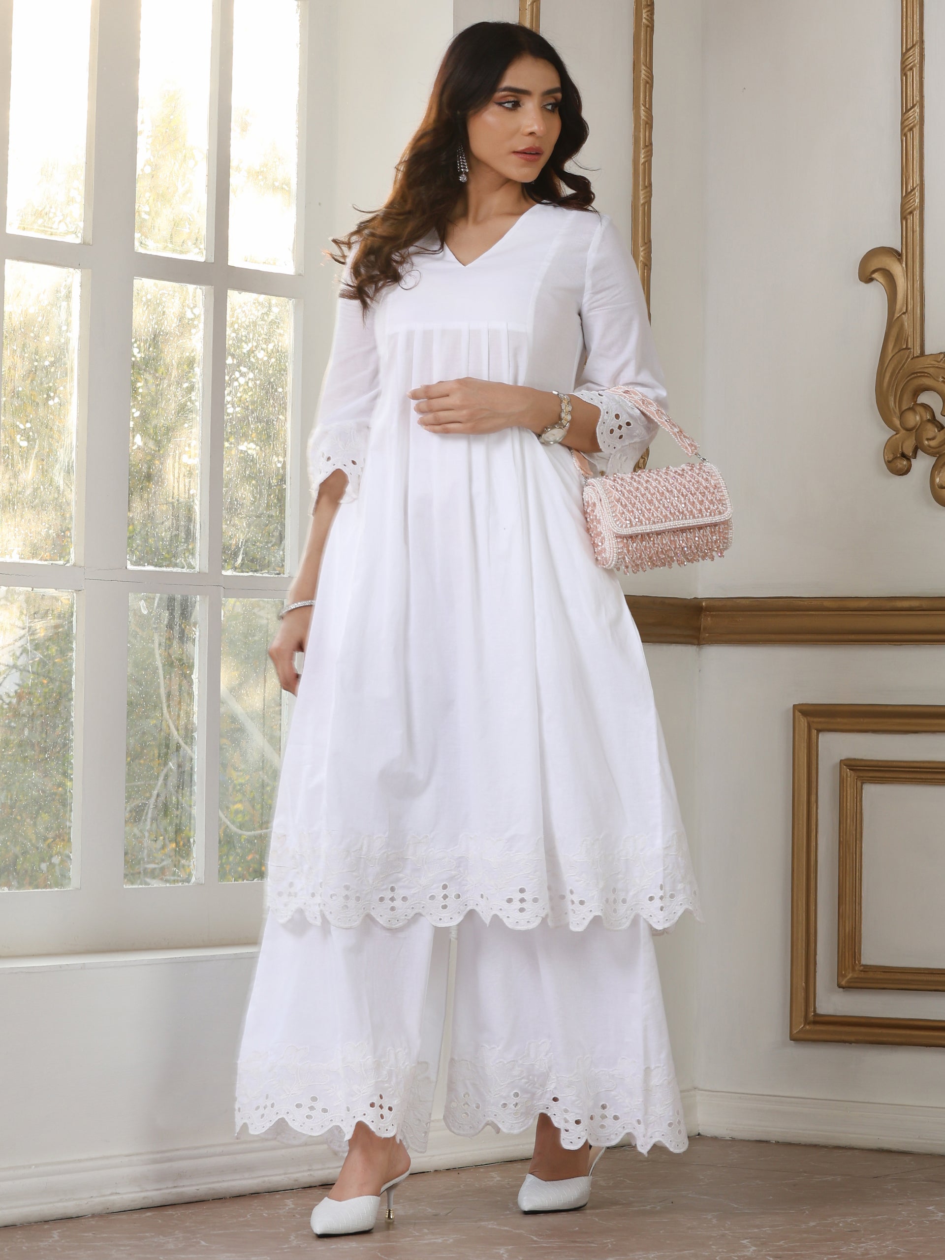 Women’s White Suit Set with Palazzo | 2 Pc Set, Paneled Design, Schiffli Embroidery on Hem,Casual Wear, Work Wear (100% Cotton Cambric Extra Soft Breathable Fabric)