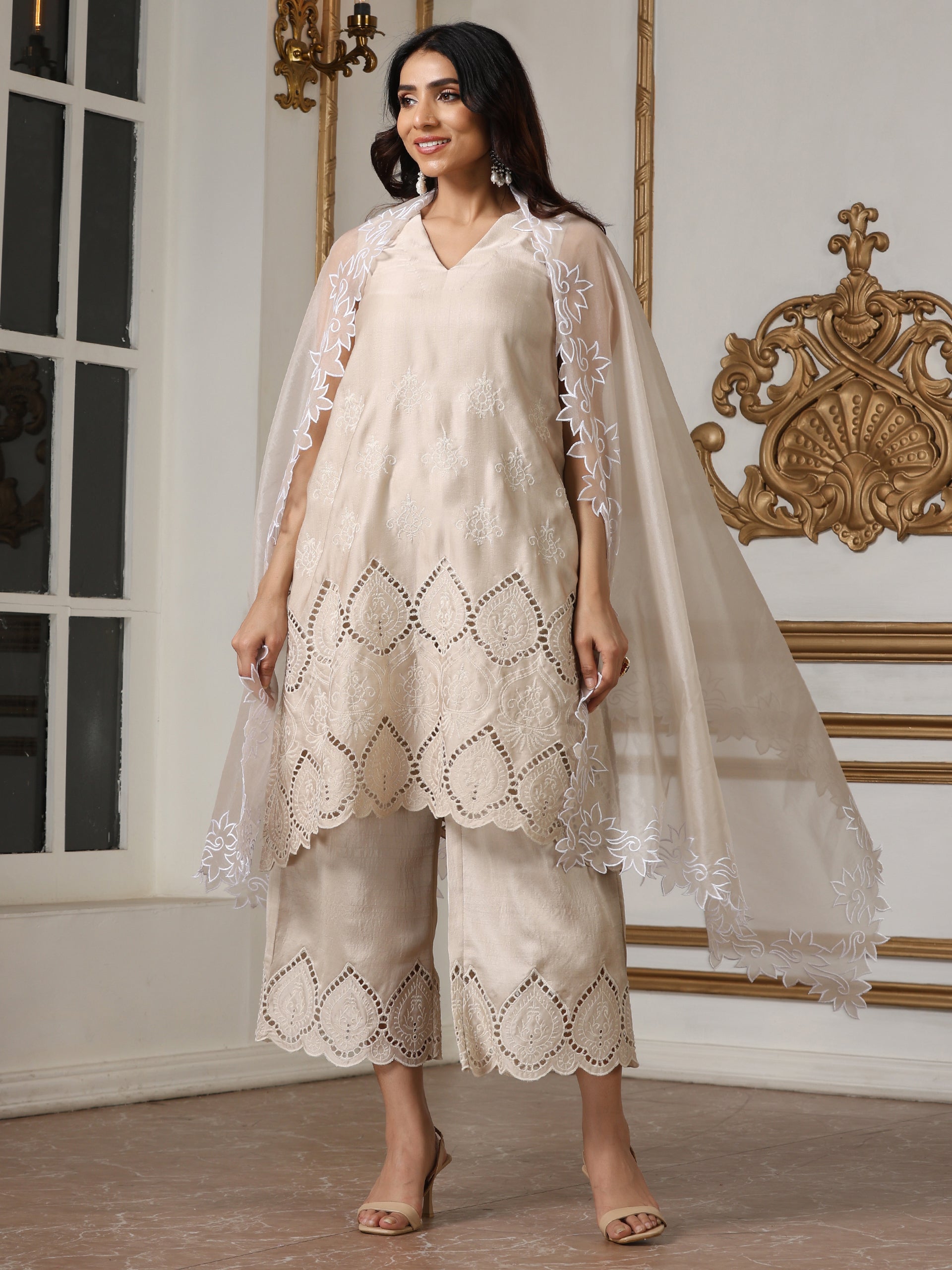 Women’s Cream  Cut Work Edge Organza Dupatta | 1 Pc, Cut Work Embroidery, Festive Party Wear