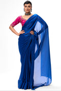 With Readymade Blouse - Blue Metallic Satin Saree with Sabya Embroidered Pink  Readymade Blouse
