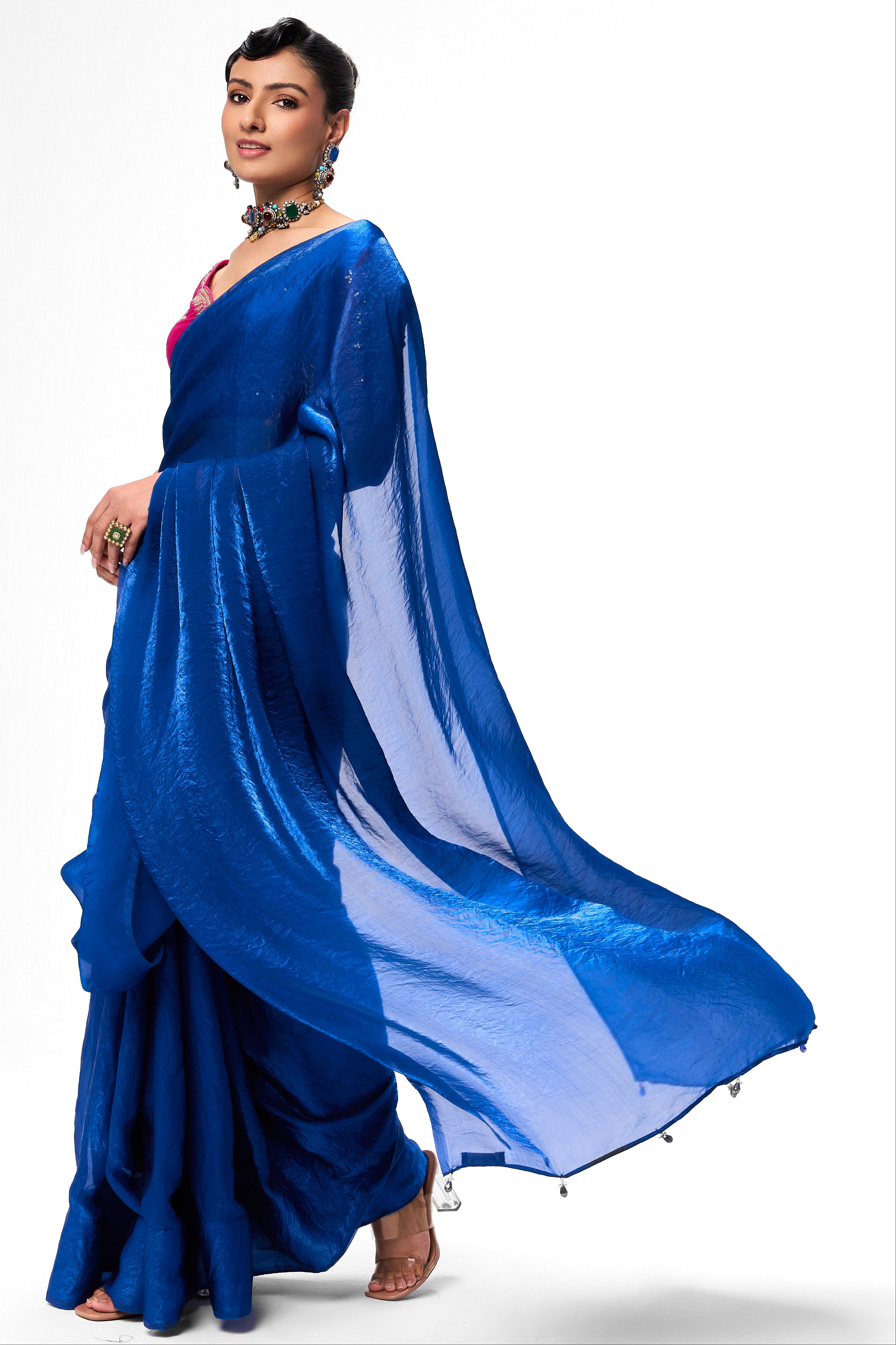 With Readymade Blouse - Blue Metallic Satin Saree with Sabya Embroidered Pink  Readymade Blouse