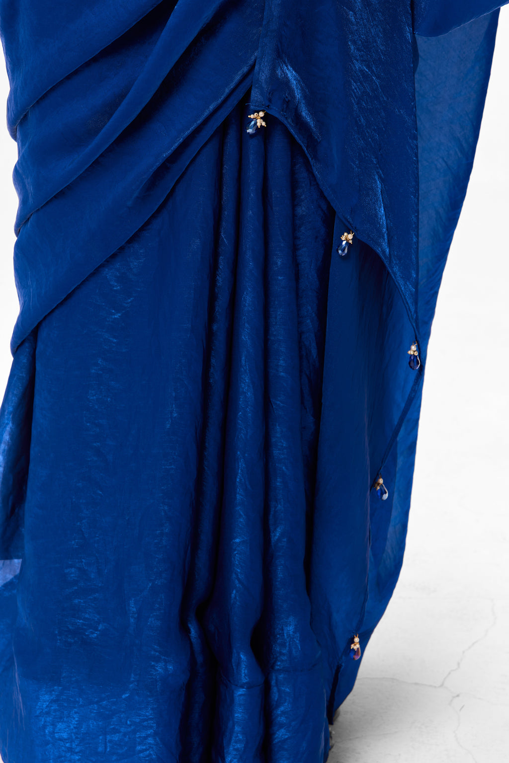 With Readymade Blouse - Blue Metallic Satin Saree with Sabya Embroidered Pink  Readymade Blouse