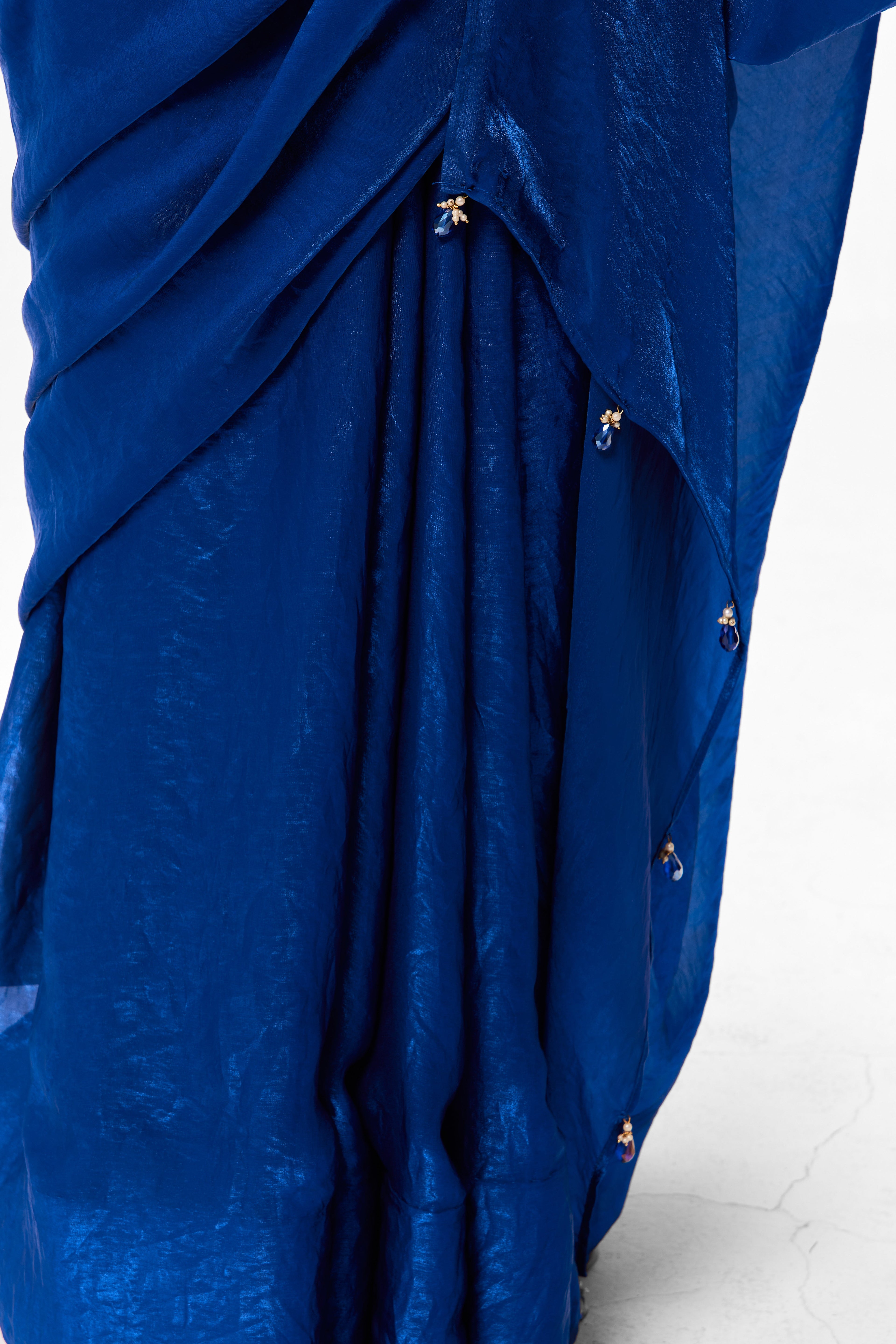With Readymade Blouse - Blue Metallic Satin Saree with Sabya Embroidered Pink  Readymade Blouse