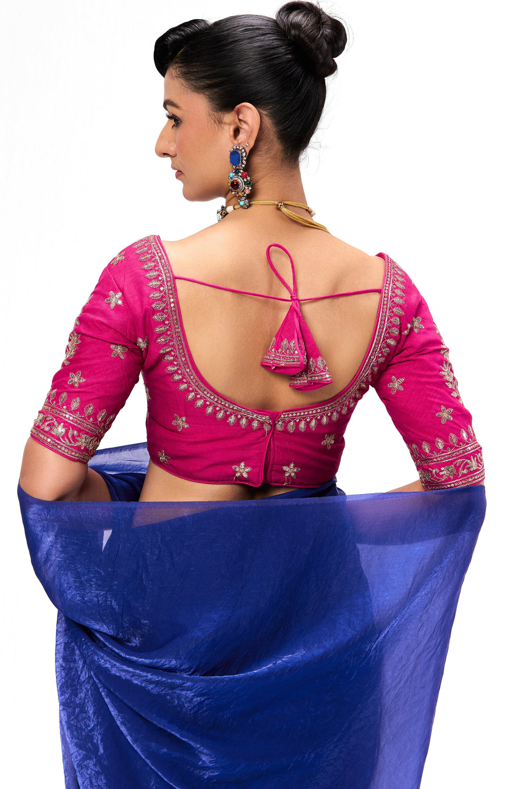 With Readymade Blouse - Blue Metallic Satin Saree with Sabya Embroidered Pink  Readymade Blouse