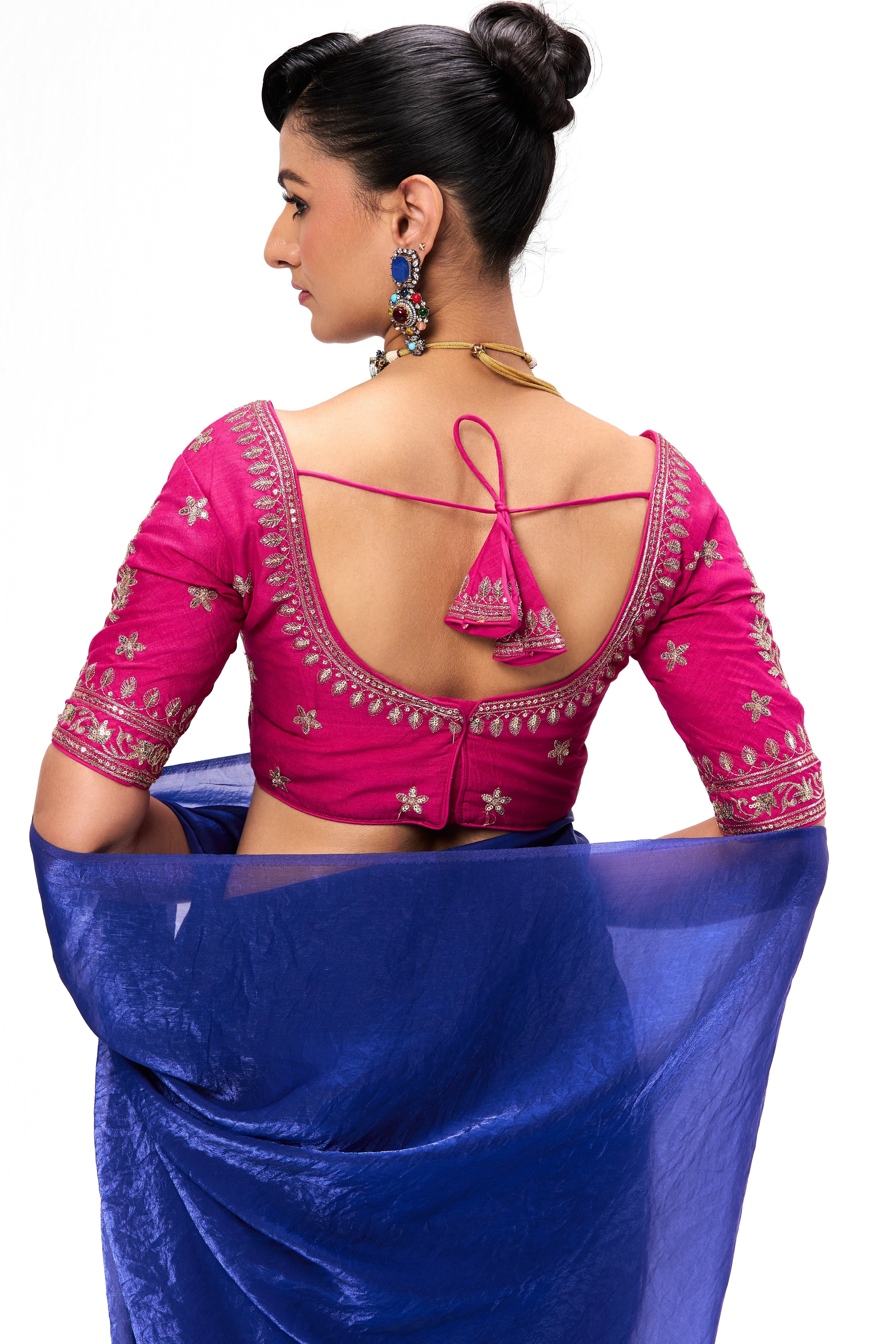With Readymade Blouse - Blue Metallic Satin Saree with Sabya Embroidered Pink  Readymade Blouse
