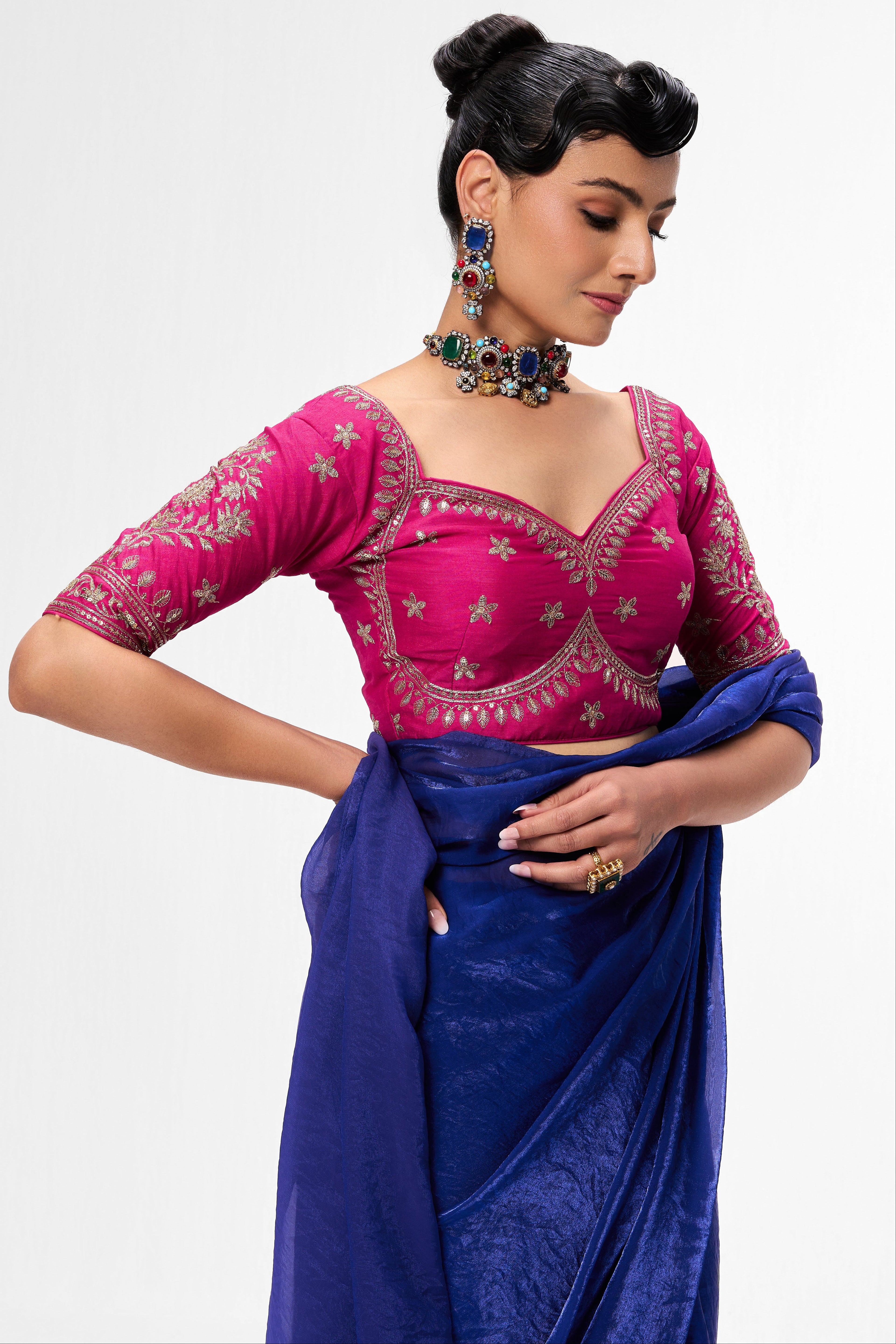 With Readymade Blouse - Blue Metallic Satin Saree with Sabya Embroidered Pink  Readymade Blouse