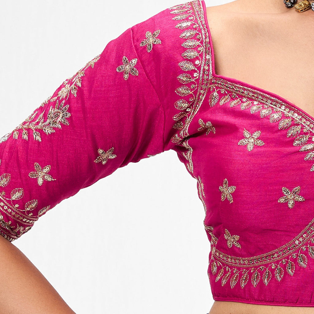 With Readymade Blouse - Blue Metallic Satin Saree with Sabya Embroidered Pink  Readymade Blouse