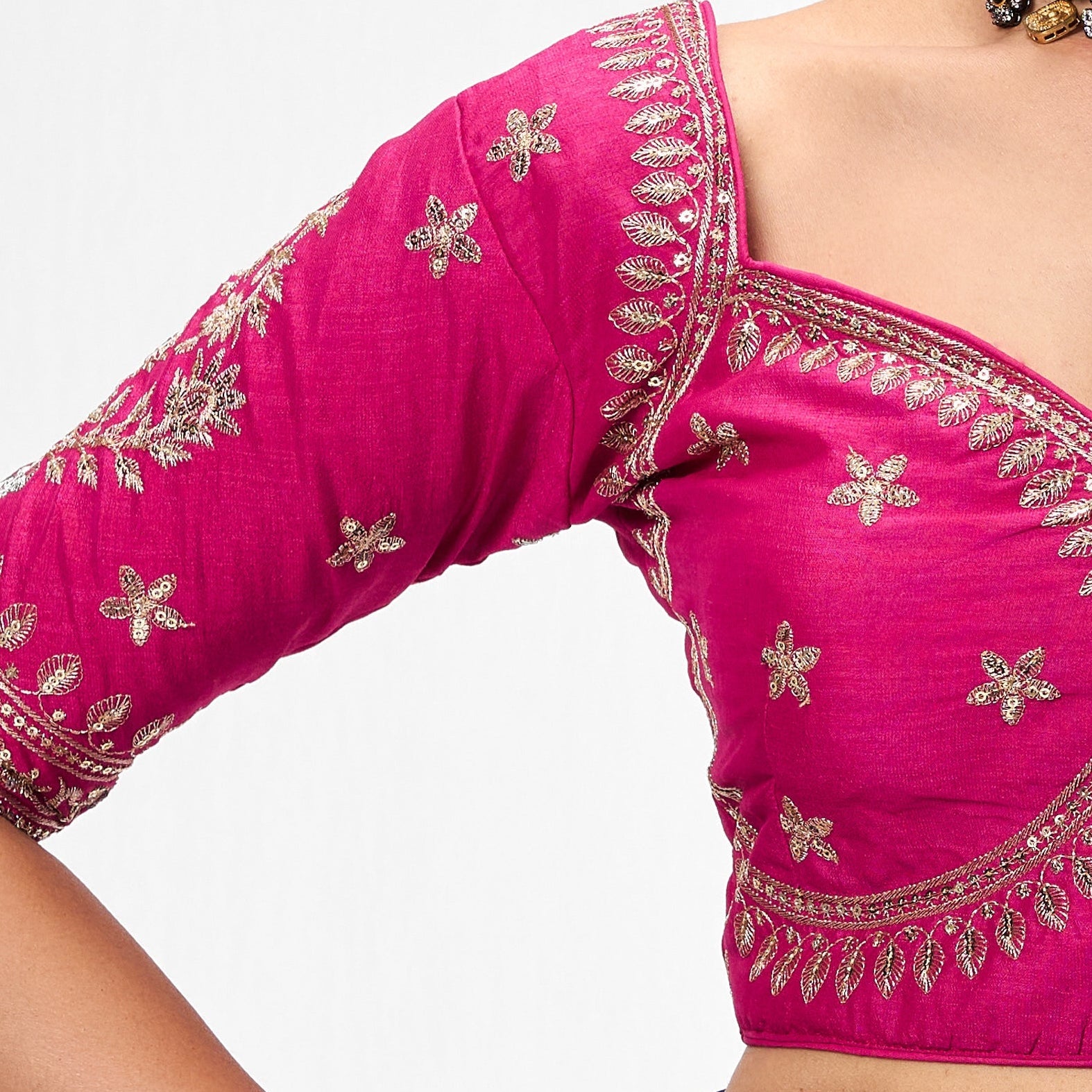 With Readymade Blouse - Blue Metallic Satin Saree with Sabya Embroidered Pink  Readymade Blouse