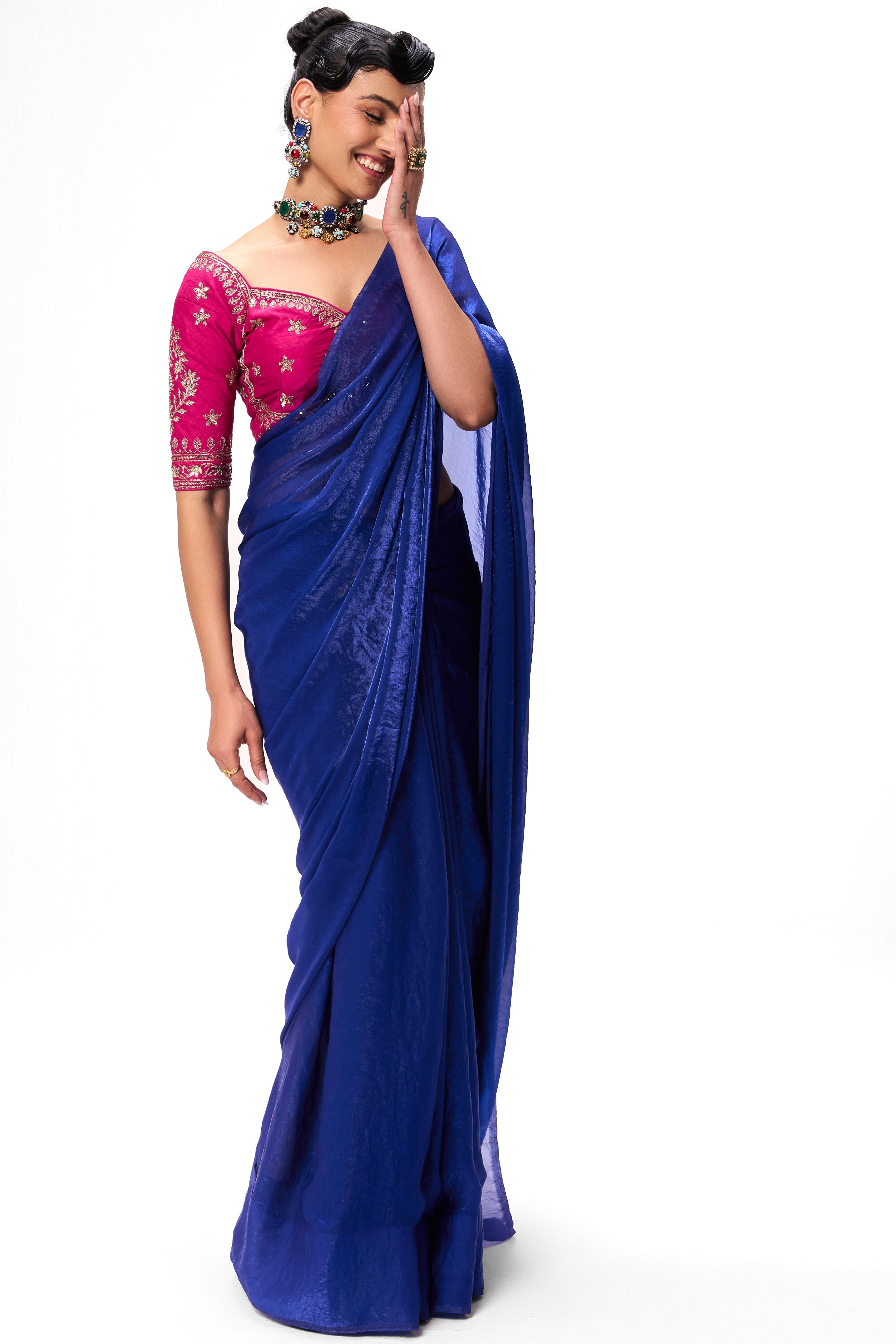With Readymade Blouse - Blue Metallic Satin Saree with Sabya Embroidered Pink  Readymade Blouse