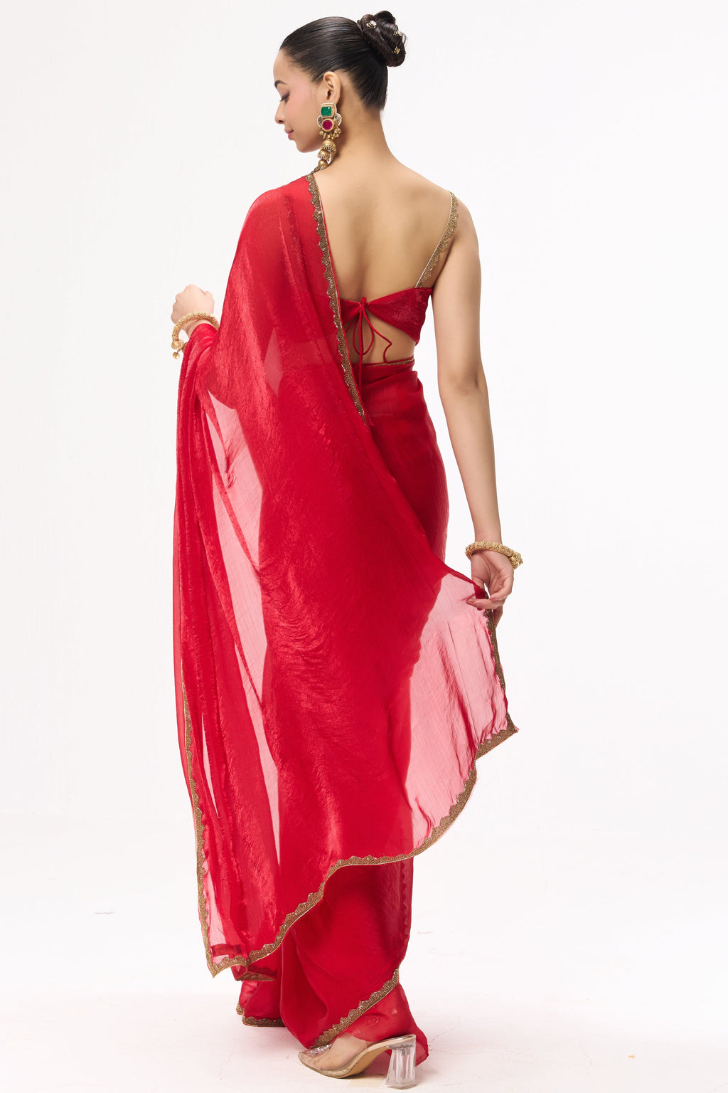 Red Gold Border Metallic Satin Saree with Blouse Fabric