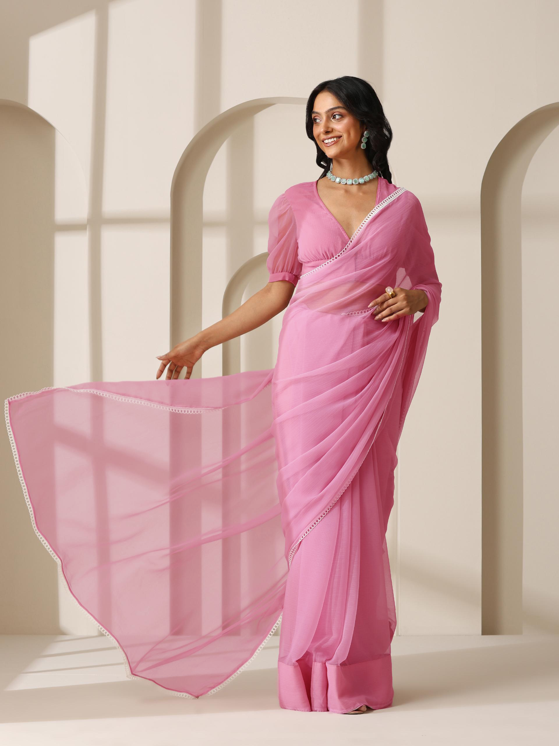 Dark Blush Pink Chiffon Saree with Lace and Self Fabric Blouse
