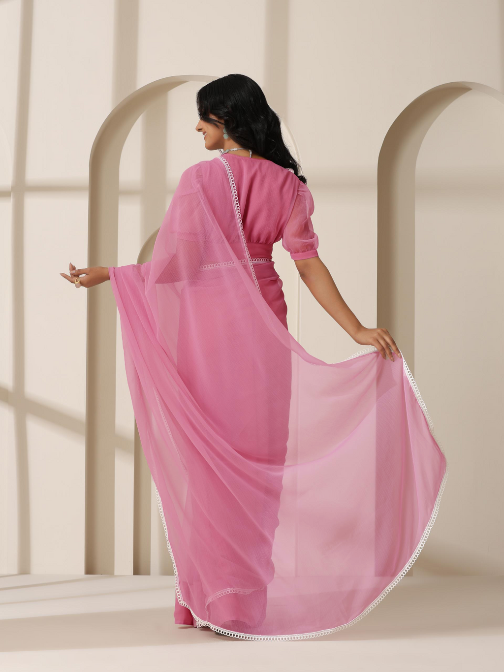 Dark Blush Pink Chiffon Saree with Lace and Self Fabric Blouse