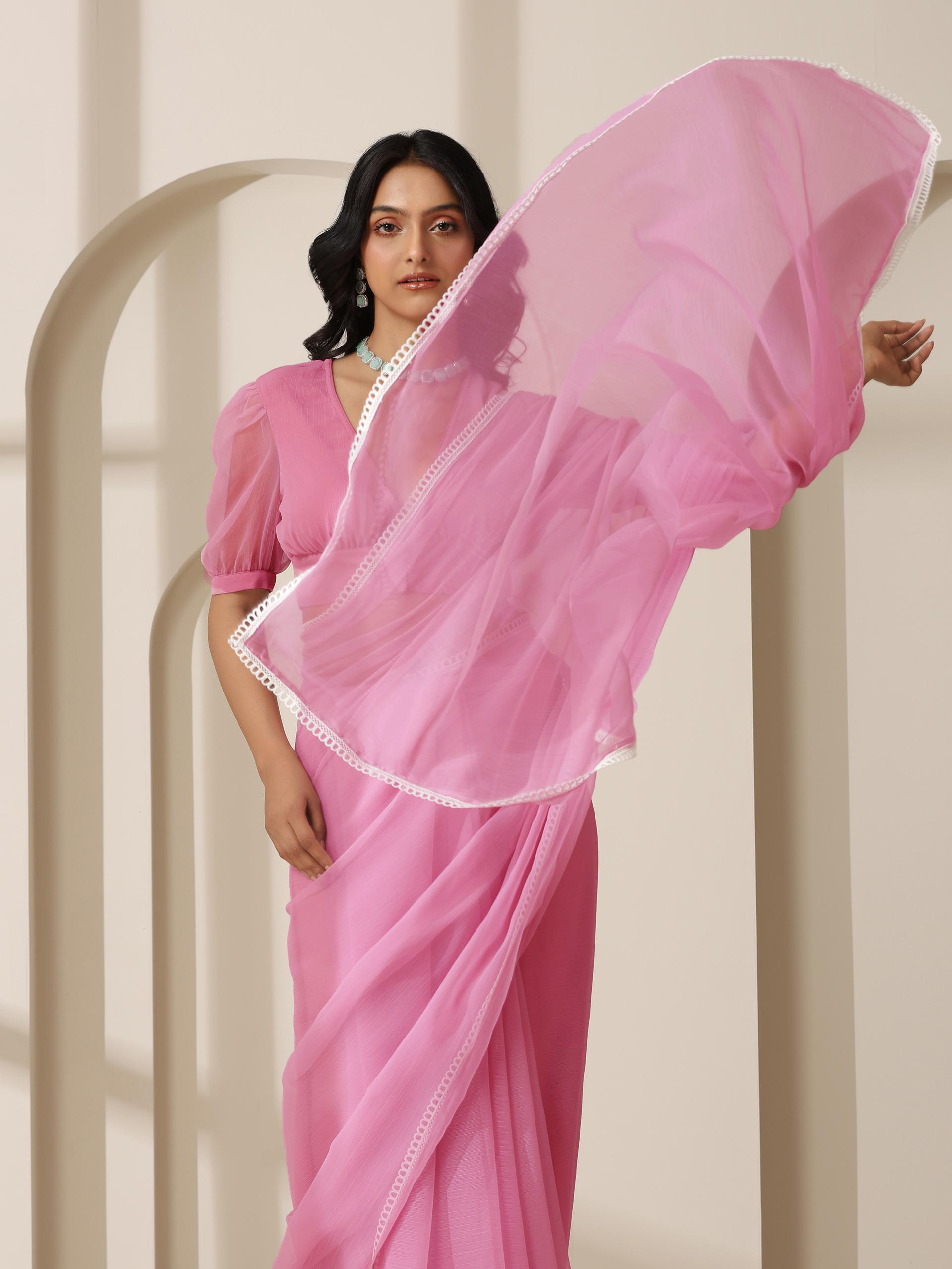 Dark Blush Pink Chiffon Saree with Lace and Self Fabric Blouse