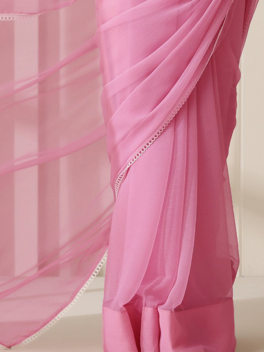 Dark Blush Pink Chiffon Saree with Lace and Self Fabric Blouse