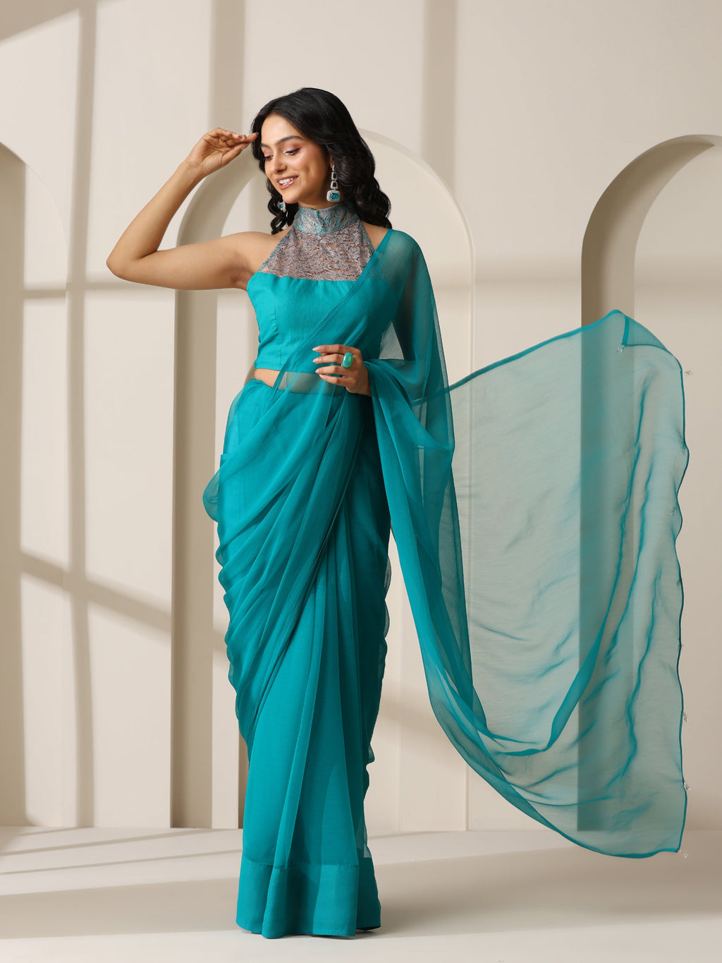Vivid Sea Green Chiffon Saree with Self Blouse Fabric