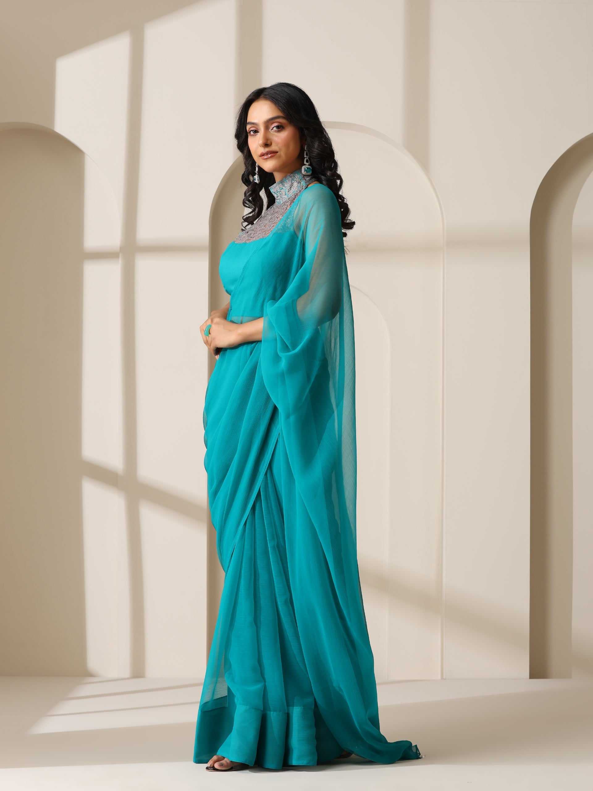 Vivid Sea Green Chiffon Saree with Self Blouse Fabric