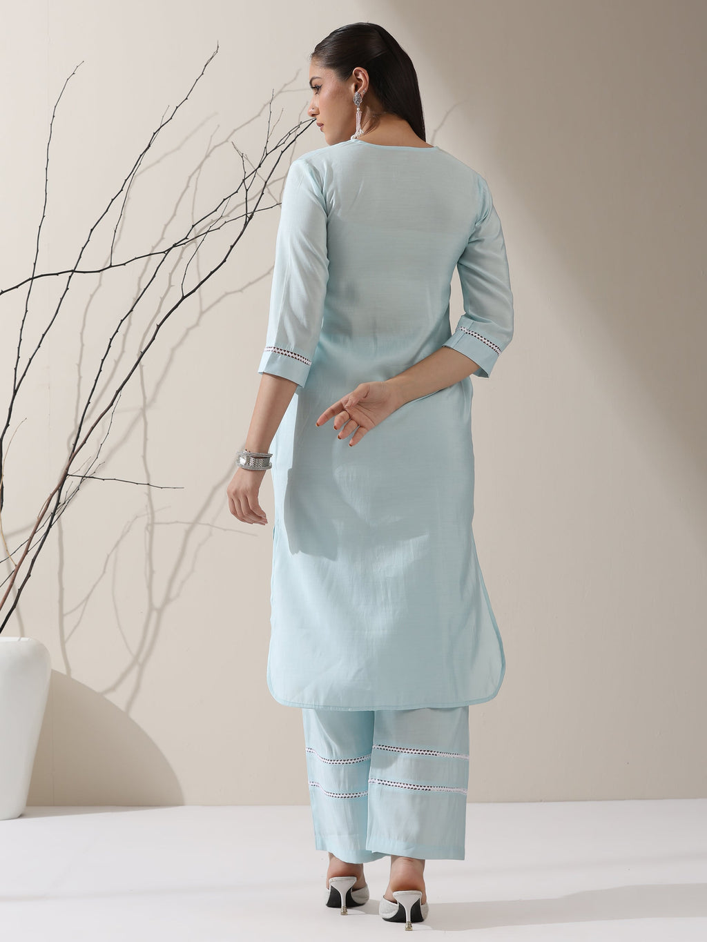 Women's Light Blue AirSkin V-Neck Kurta with Lace Insets & Pants | 2 Pc Set, Soft & Breathable Ethnic Co-ord, Elegant Summer Wear