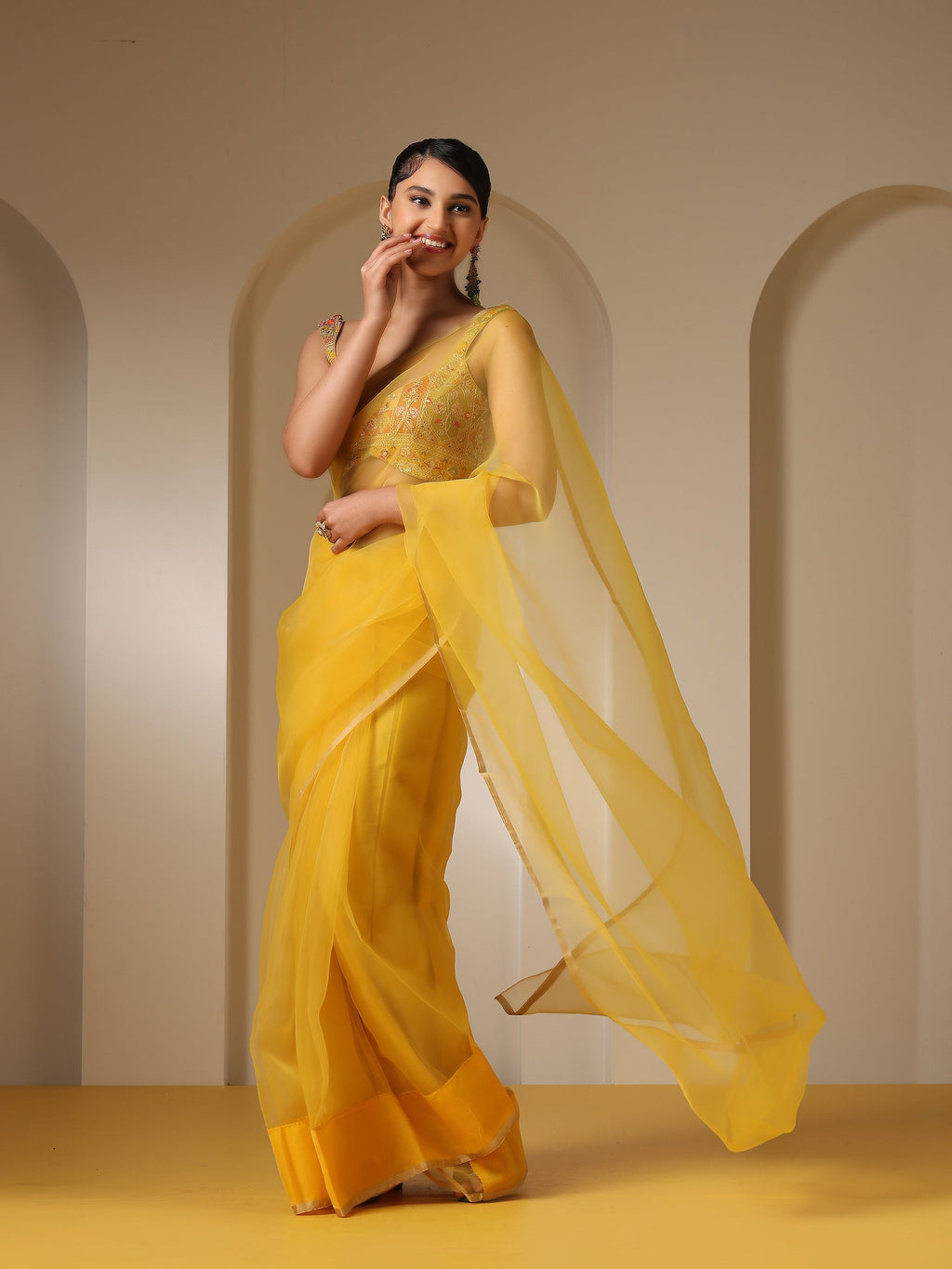 Yellow Organza Cloud Saree with Blouse Fabric