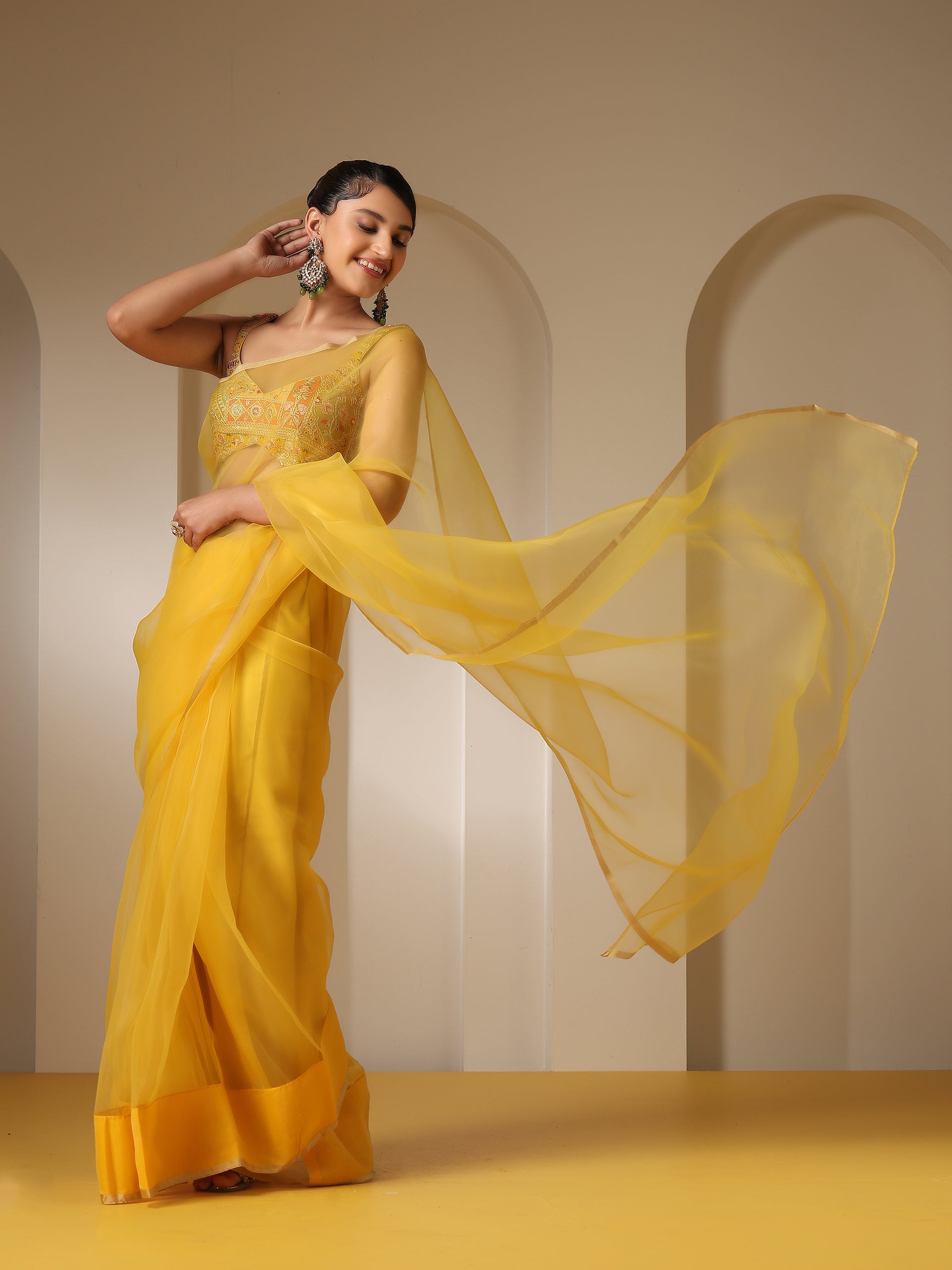 Yellow Organza Cloud Saree with Blouse Fabric