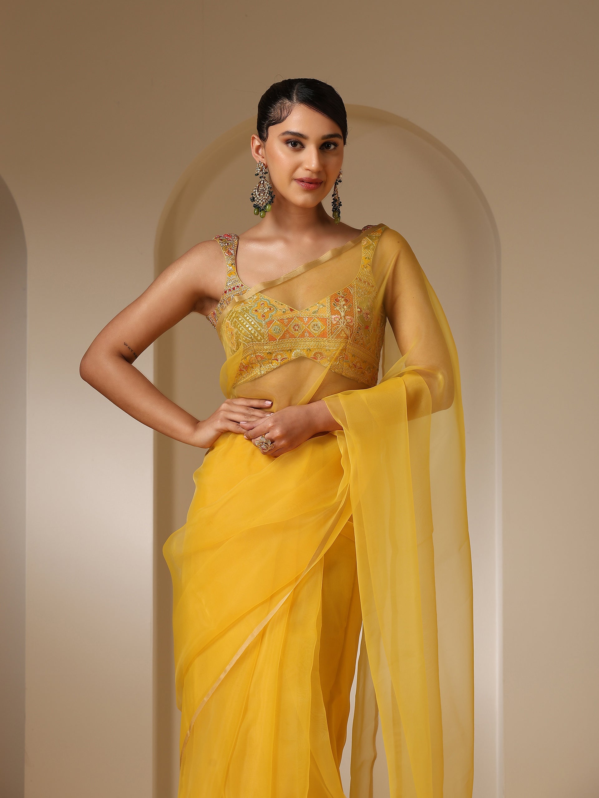 Yellow Organza Cloud Saree with Blouse Fabric