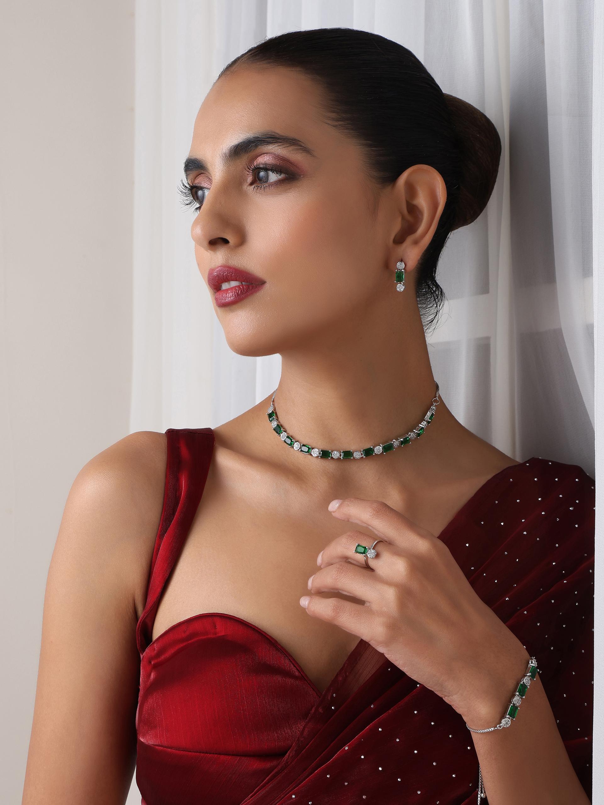SET - Green Diamond Necklace, Earring, Ring, Bracelet