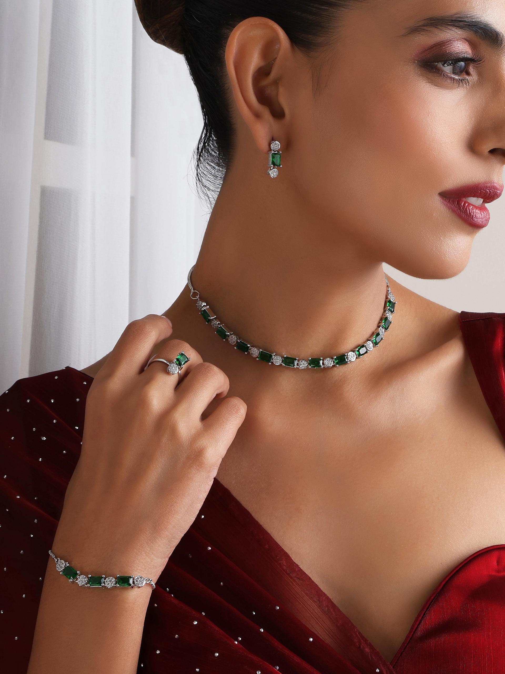 SET - Green Diamond Necklace, Earring, Ring, Bracelet